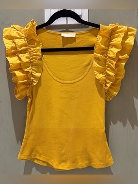 • ULLA JOHNSON • Koa Ruffled Flutter Sleeve Scoop Neck Tank •